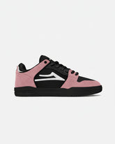 Pink and black sneaker with a white logo on a white background