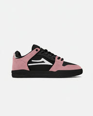 Pink and black sneaker with a white logo on a white background